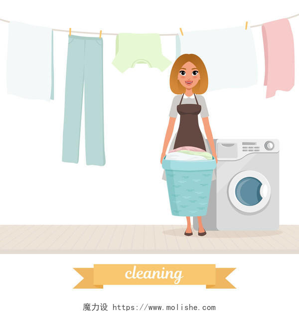 微笑的妇女站在洗衣机旁边的洗衣篮